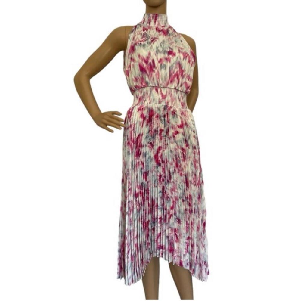 Halogen Floral‎ Pleated Sharkbite Hem Midi Dress Magenta Size XXS